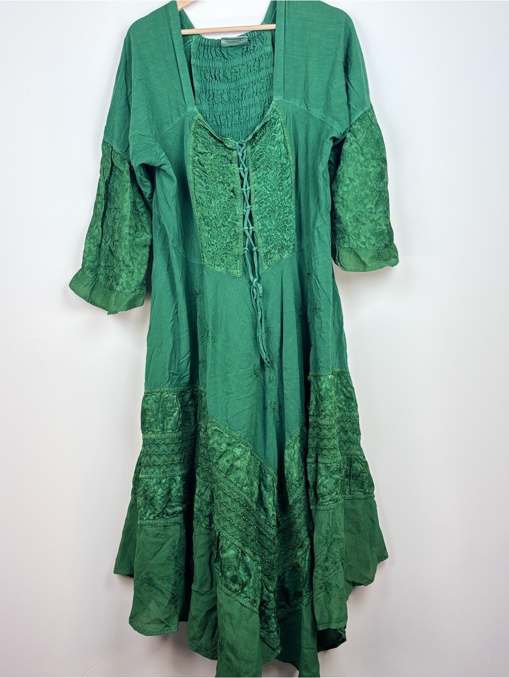 🌿 Holy Clothing Embroidered Lace-Up Dress | 3X | Emerald Green